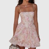 Sexy hot girl dress floral print halter top dress figure-hugging backless beach dress