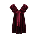 V-neck bow tie velvet dress party dress fall-winter elegant and cute dress