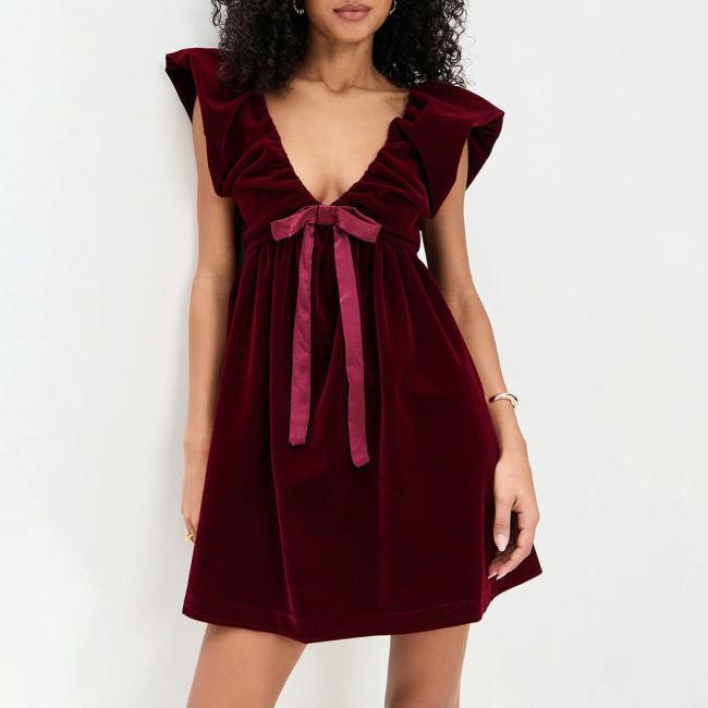 V-neck bow tie velvet dress party dress fall-winter elegant and cute dress