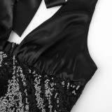 Sexy neckline deep V dress black sequined high-waisted dress hot chick backless party dress