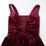 Gold velvet drawstring low-cut dress sexy backless cocktail dress hot girl party sleeveless short dress