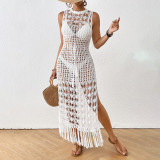 Openwork floral cover-ups waistband tied with fringed long cover-ups fashionable and sexy beach resort cover-ups
