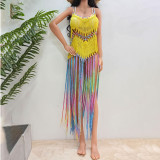 Hand-hooked tie-dye fringed cover-ups randomly gradient halter-neck bikini-style long cover-ups fashionable and sexy beach vacation cover-ups