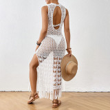 Openwork floral cover-ups waistband tied with fringed long cover-ups fashionable and sexy beach resort cover-ups