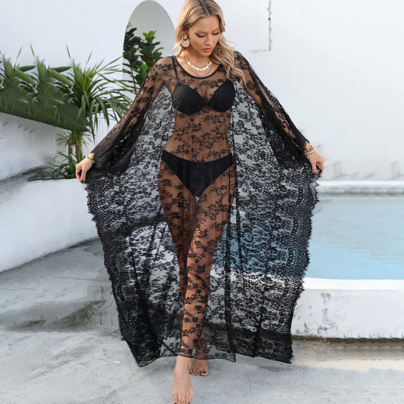 Loose and sexy backless cover-ups black sheer lace long cover-ups fashionable and sexy beach vacation cover-ups