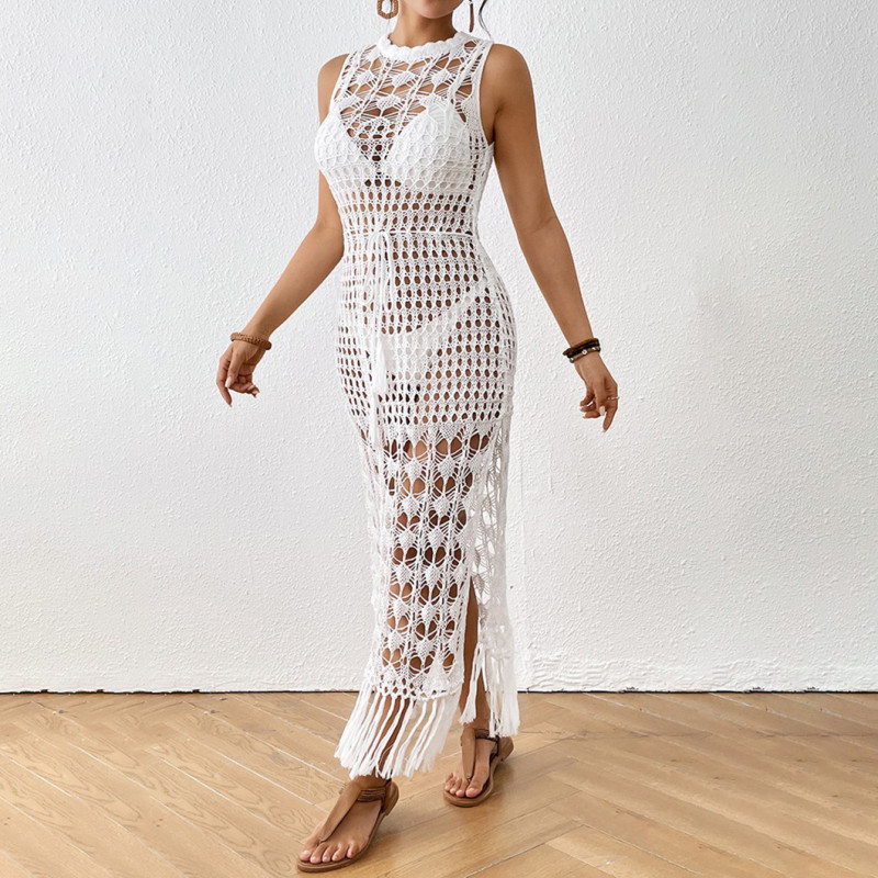 Openwork floral cover-ups waistband tied with fringed long cover-ups fashionable and sexy beach resort cover-ups