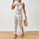 Openwork floral cover-ups waistband tied with fringed long cover-ups fashionable and sexy beach resort cover-ups