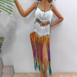 Hand-hooked tie-dye fringed cover-ups randomly gradient halter-neck bikini-style long cover-ups fashionable and sexy beach vacation cover-ups