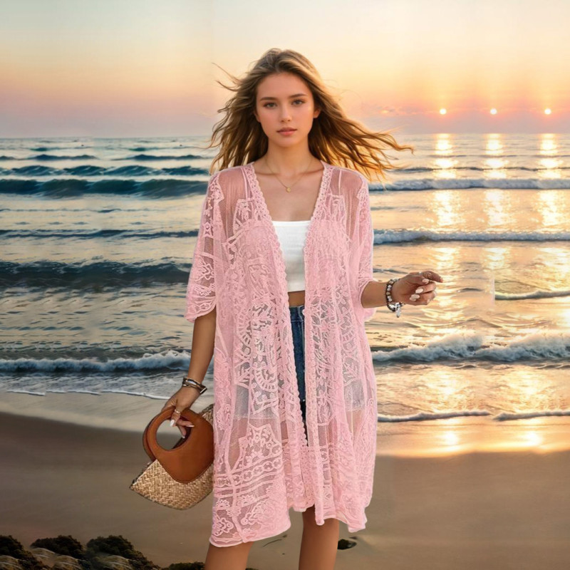 Sexy see-through cover-ups water-soluble lace embroidered cardigan cover-ups fashionable fitted beach cover-ups