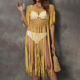 Sexy open-sleeved fringed cover-ups patchwork hand-knitted bikini cover-ups stylish fitted beach cover-ups