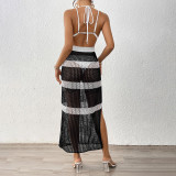 Women's deep V long dress cover-ups color-blocked strappy cover-ups strap-wrapped form-fitting beach cover-ups