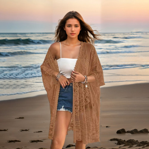 Sexy see-through cover-ups water-soluble lace embroidered cardigan cover-ups fashionable fitted beach cover-ups