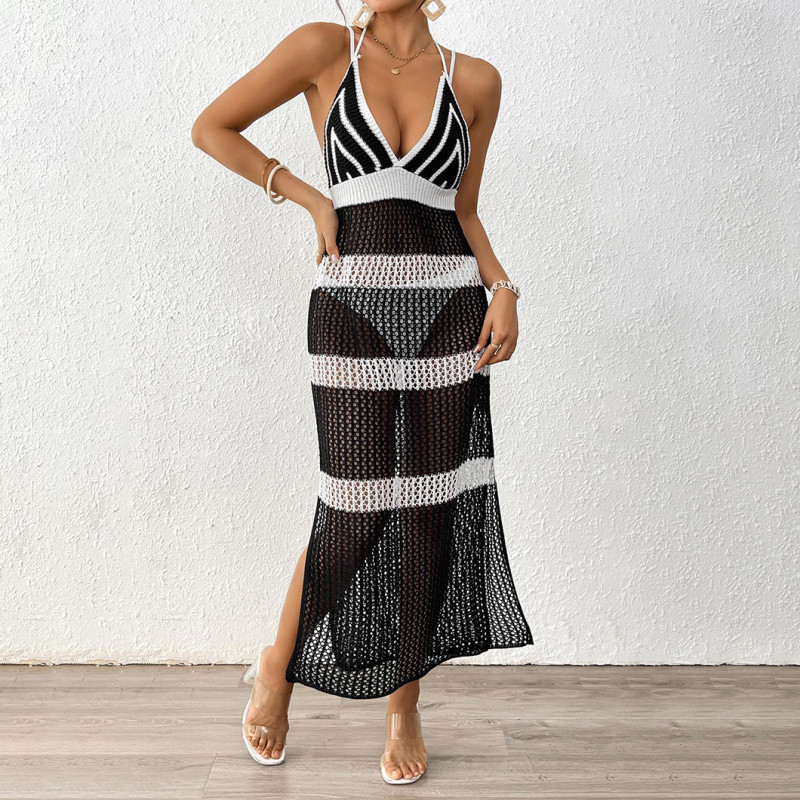 Women's deep V long dress cover-ups color-blocked strappy cover-ups strap-wrapped form-fitting beach cover-ups
