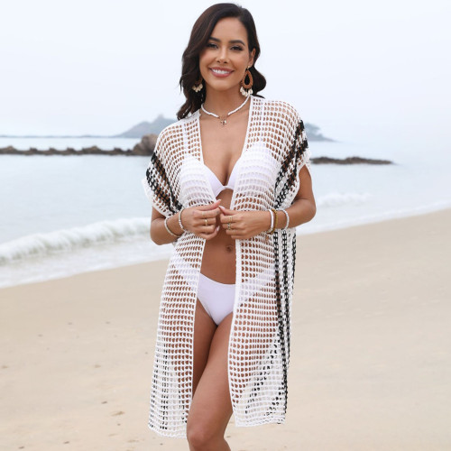 Open-color patchwork tank cover-ups woven shirt beach bikini cover-ups fashionable fitted beach cardigan cover-ups
