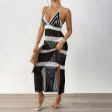 Women's deep V long dress cover-ups color-blocked strappy cover-ups strap-wrapped form-fitting beach cover-ups