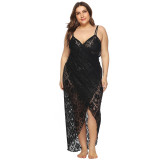 Plus-size women's deep V cover-ups sexy see-through lace halter cover-ups irregular fashionized fitted beach cover-ups