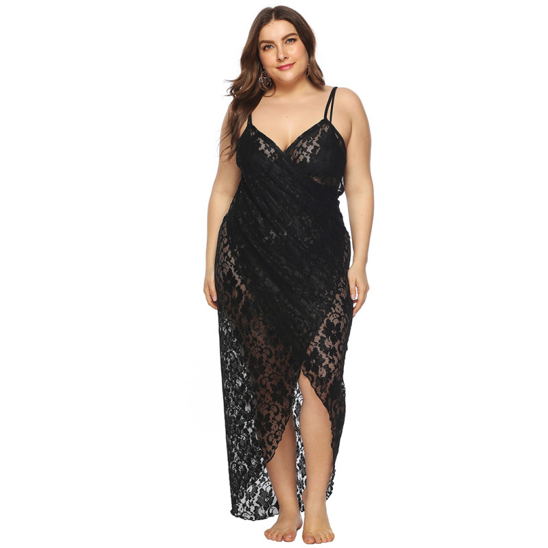 Plus-size women's deep V cover-ups sexy see-through lace halter cover-ups irregular fashionized fitted beach cover-ups