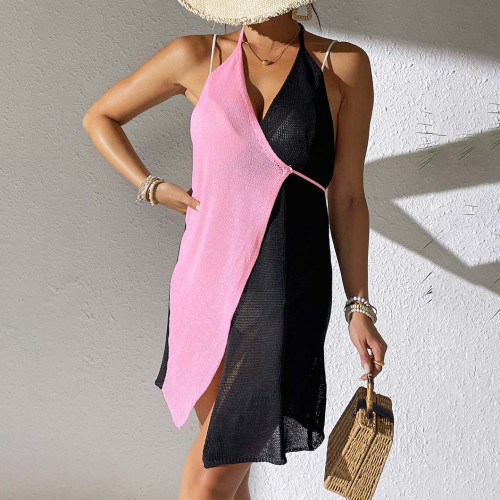 Open-color contrast patchwork cover-ups sexy halter-neck strap cover-ups fashionable beach resort irregular cover-ups