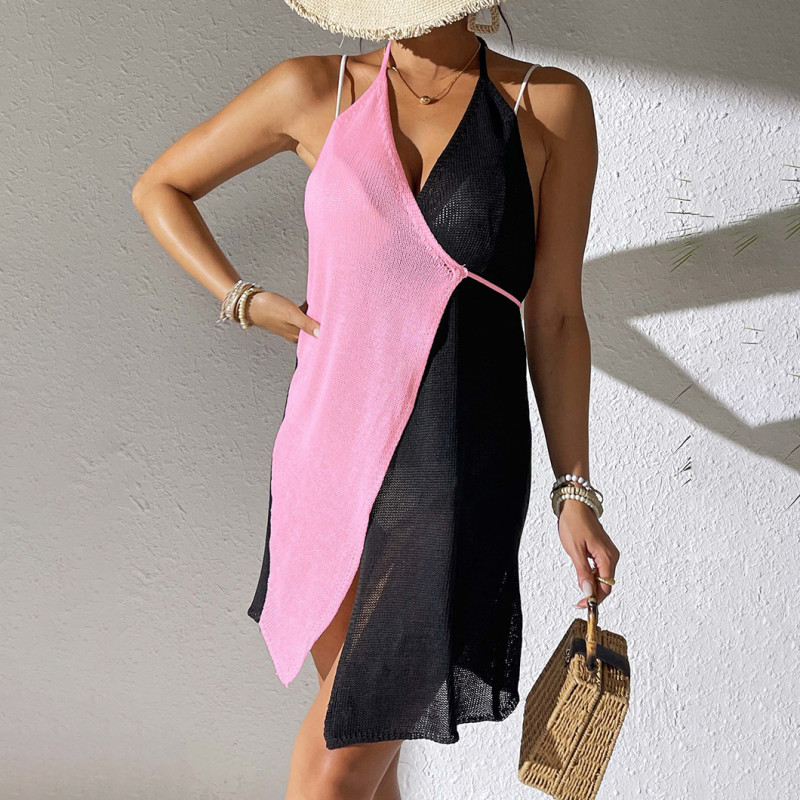 Open-color contrast patchwork cover-ups sexy halter-neck strap cover-ups fashionable beach resort irregular cover-ups