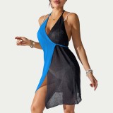 Open-color contrast patchwork cover-ups sexy halter-neck strap cover-ups fashionable beach resort irregular cover-ups