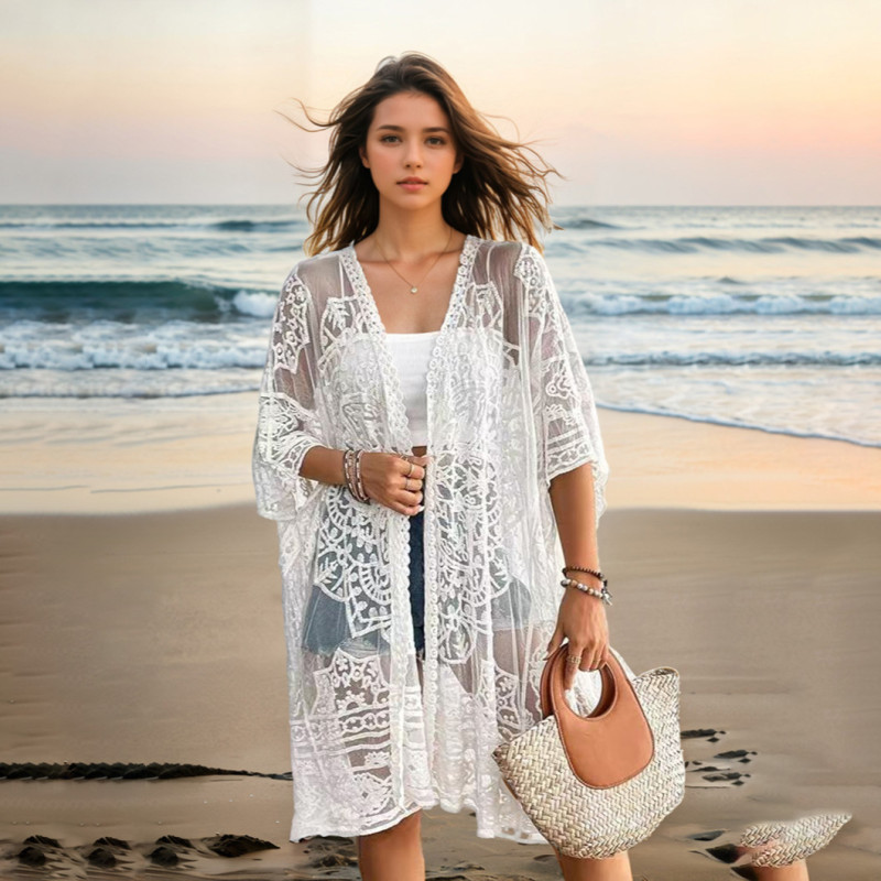 Sexy see-through cover-ups water-soluble lace embroidered cardigan cover-ups fashionable fitted beach cover-ups