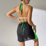 Open-color contrast patchwork cover-ups sexy halter-neck strap cover-ups fashionable beach resort irregular cover-ups