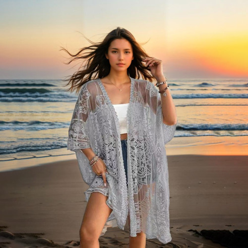 Sexy see-through cover-ups water-soluble lace embroidered cardigan cover-ups fashionable fitted beach cover-ups