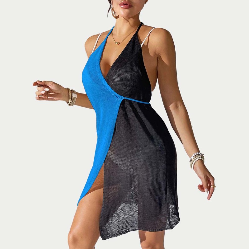 Open-color contrast patchwork cover-ups sexy halter-neck strap cover-ups fashionable beach resort irregular cover-ups