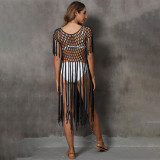 \Sexy open-sleeved fringed cover-ups patchwork hand-knitted bikini cover-ups stylish fitted beach cover-ups