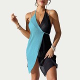 Open-color contrast patchwork cover-ups sexy halter-neck strap cover-ups fashionable beach resort irregular cover-ups
