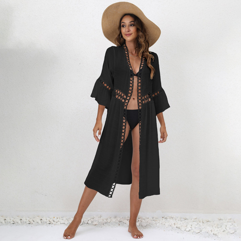 Loose seven-button cover-ups lace-embroidered sun-protective cover-ups, fashionable beach resort cover-ups