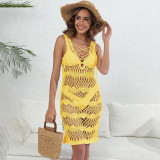Hand-hooked hollow tie-front cover-ups solid-color sexy round-neck tank cover-ups fashionable beach resort bikini cover-ups