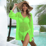 V-neck open-front sheer cover-ups solid-color sexy woven long-sleeved cover-ups fashionable beach resort bikini cover-ups