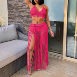 Women's pure hand-knitted cover-ups top and long fringed midi skirt two-piece set cover-ups fashionable beach resort pullover cover-ups