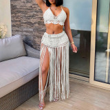 Women's pure hand-knitted cover-ups top and long fringed midi skirt two-piece set cover-ups fashionable beach resort pullover cover-ups