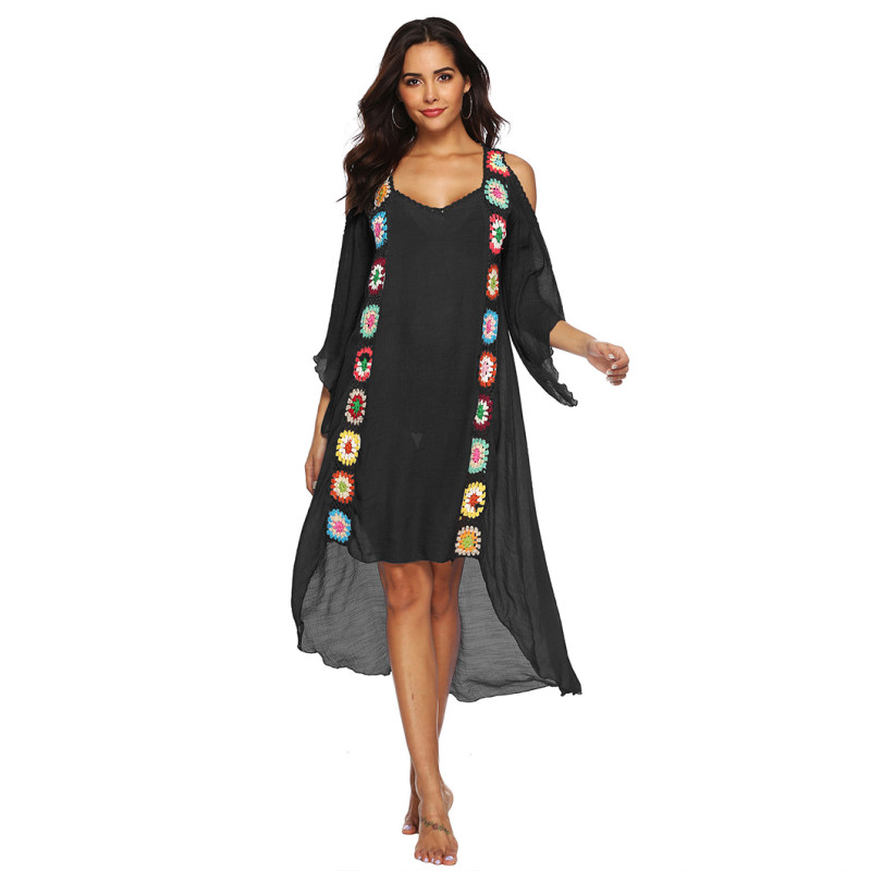 Hand-hooked feature patchwork cover-ups off-shoulder irregular cover-ups fashionable beach resort cover-ups