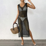 Open-weave knitted tank cover-ups sexy slit long cover-ups fashionable beach vacation cover-ups