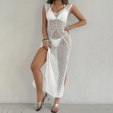 Open-weave knitted tank cover-ups sexy slit long cover-ups fashionable beach vacation cover-ups