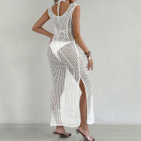 Open-weave knitted tank cover-ups sexy slit long cover-ups fashionable beach vacation cover-ups