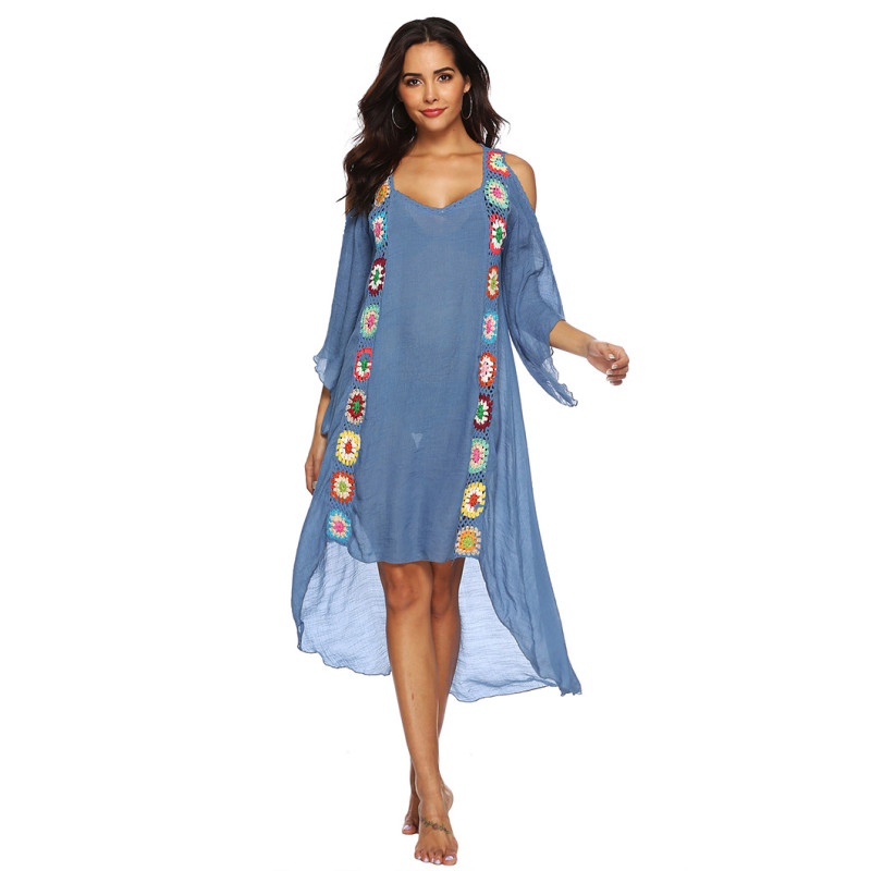 Hand-hooked feature patchwork cover-ups off-shoulder irregular cover-ups fashionable beach resort cover-ups
