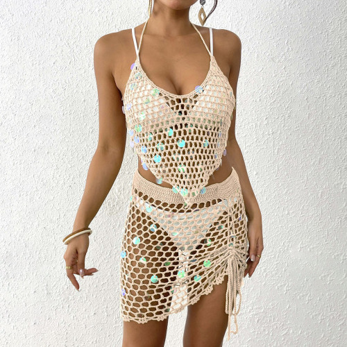 Women's sequined patchwork cover-ups hand-knitted pure bikini two-piece set cover-ups fashionable beach vacation cover-ups