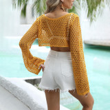 Shell-attached hollowed-out cover-ups long-sleeved woven cover-ups fashionable beach resort cover-ups