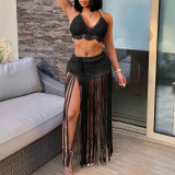 Women's pure hand-knitted cover-ups top and long fringed midi skirt two-piece set cover-ups fashionable beach resort pullover cover-ups