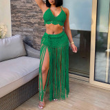 Women's pure hand-knitted cover-ups top and long fringed midi skirt two-piece set cover-ups fashionable beach resort pullover cover-ups