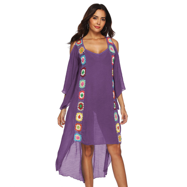 Hand-hooked feature patchwork cover-ups off-shoulder irregular cover-ups fashionable beach resort cover-ups