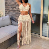 Women's pure hand-knitted cover-ups top and long fringed midi skirt two-piece set cover-ups fashionable beach resort pullover cover-ups