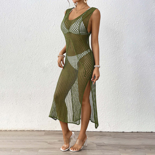 Open-weave knitted tank cover-ups sexy slit long cover-ups fashionable beach vacation cover-ups