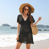 Fashionable deep V-neck short skirt cover-ups wave-patterned open-front loose beachwear cover-ups  beach bikini outer cover cover-ups