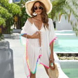 Women's loose sun-protective cardigan cover-ups colorful fringed patchwork irregular cover-ups beach bikini cover-ups