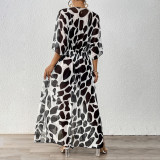Women's loose cardigan cover-ups batwing sleeve strap-wrapped waist cinching leopard print mesh cover-ups beach bikini-style cover-ups